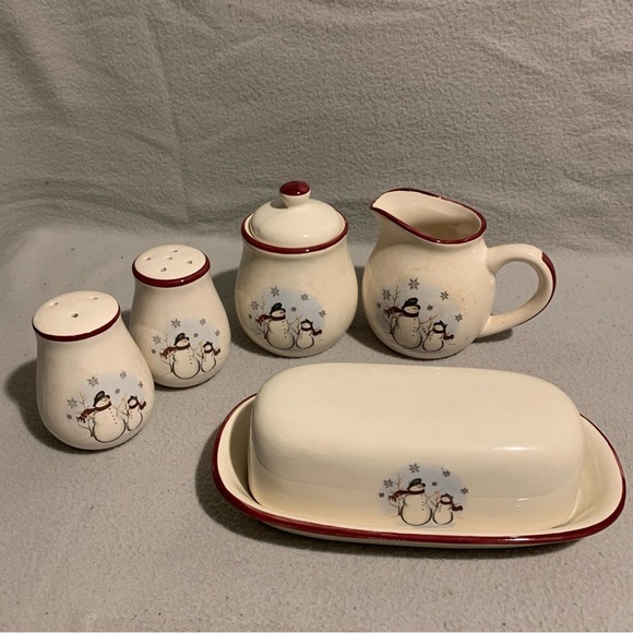 6 Piece Stoneware Set By Royal  Season Christmas Table Top Set Snowman Open Box - Picture 2 of 5